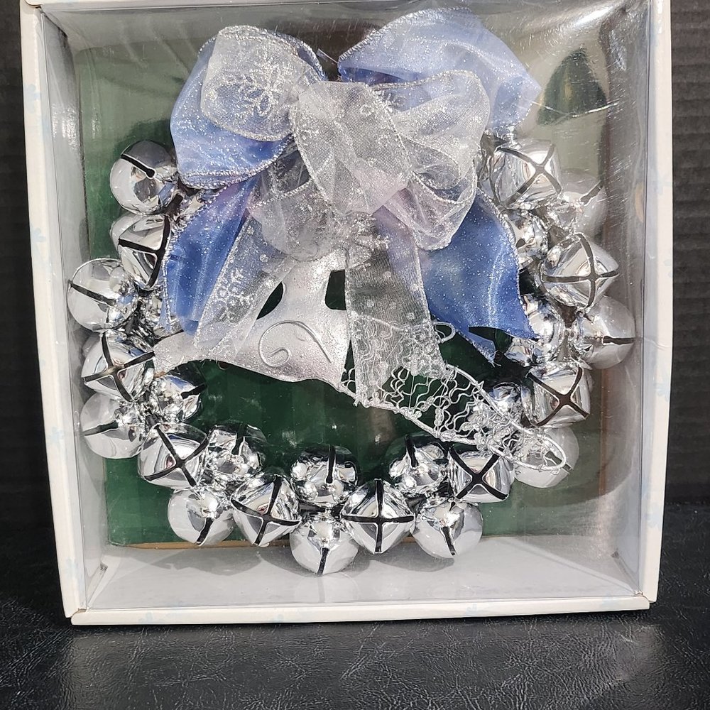 Huntington 9" Silver Jingle Bell With Silver Reindeer and Silver and Blue Bow Li